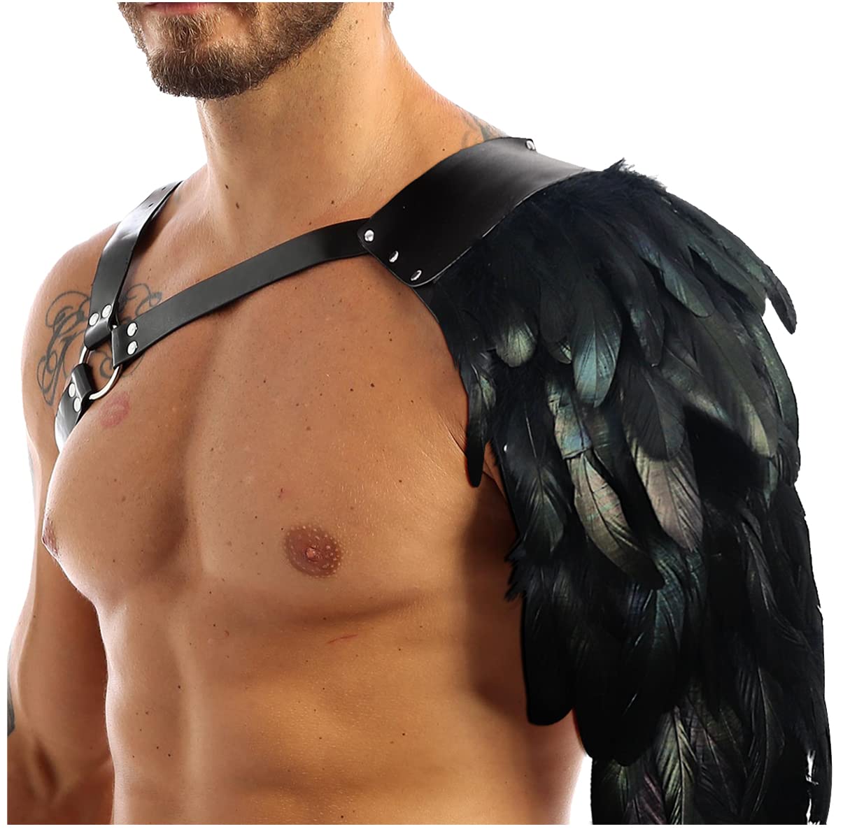 L'VOW Gothic Feather Harness Costume for Men Adjustable Faux PU Leather Shoulder Armor Medieval Guards for Halloween Cosplay Black