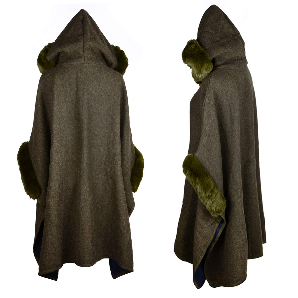 Fur-Lined Leather Closure Wool Half-Cloak with Hood