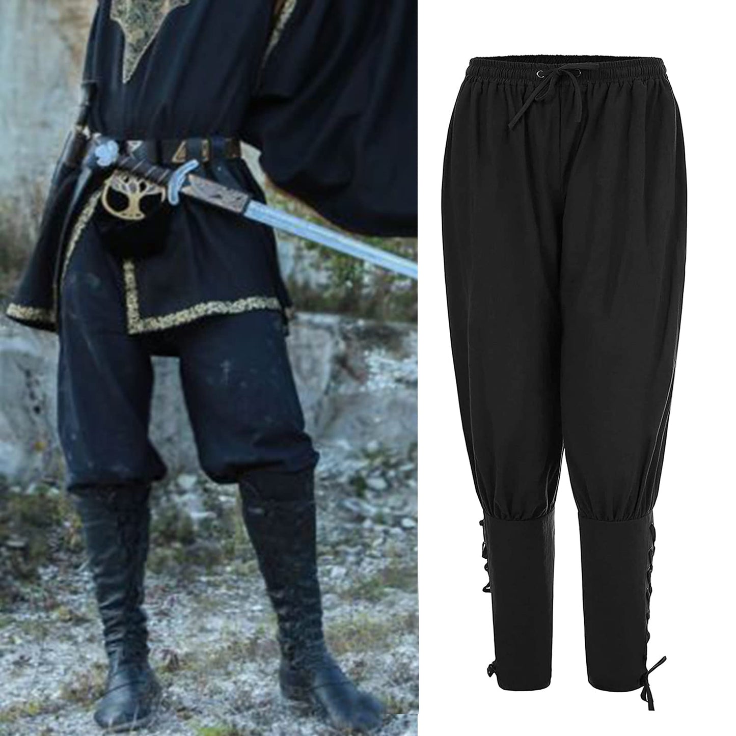 Men's Ankle Banded Pants Medieval Viking Navigator Pirate Costume Trousers Renaissance Gothic Pants Large Black-short