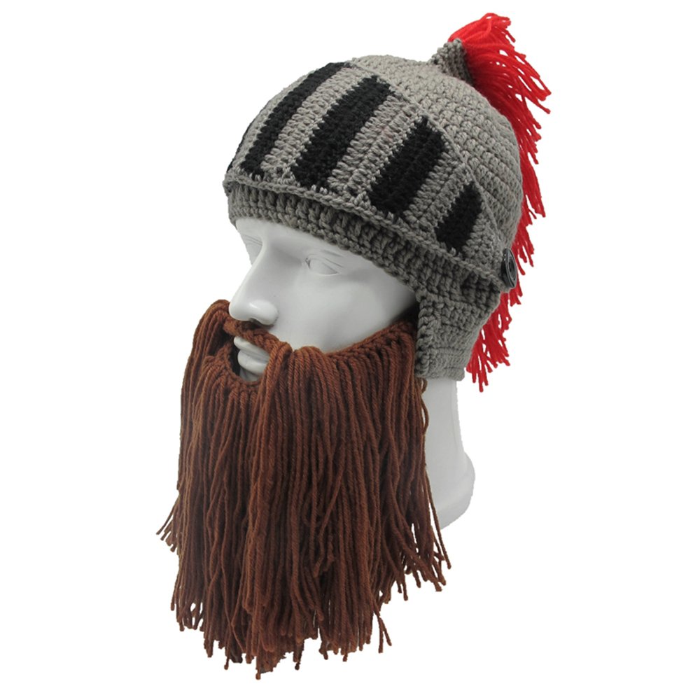 YEKEYI Viking Beard Beanie Horn Hat Winter Warm Mask Knitted Wool Funny Skull Cap One Size Horn Brown