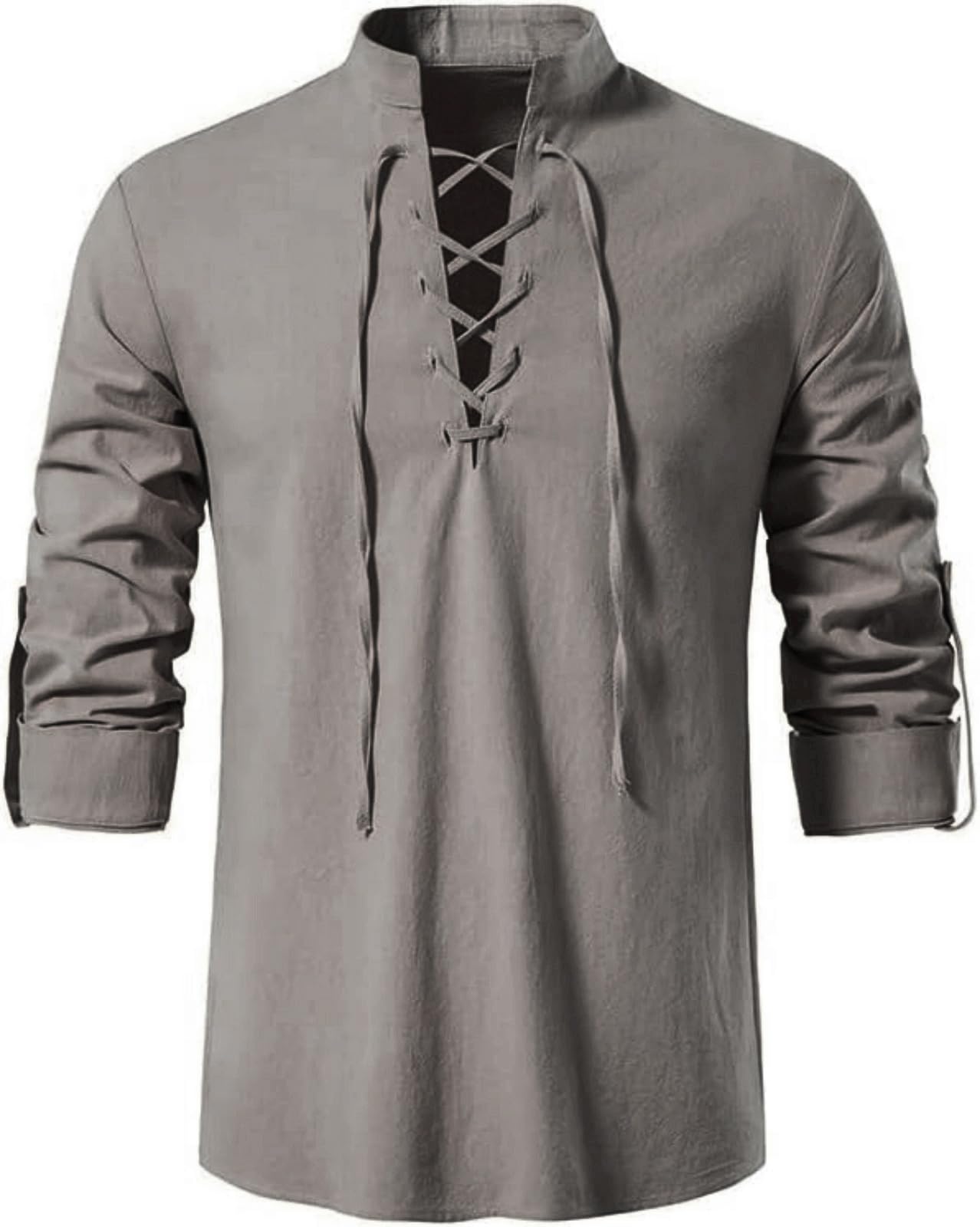 Men's Long Sleeve Shirts Retro Style Lace up for Medieval,Viking,Hippie Halloween Cosplay Pirate Renaissance Costume Small Khaki