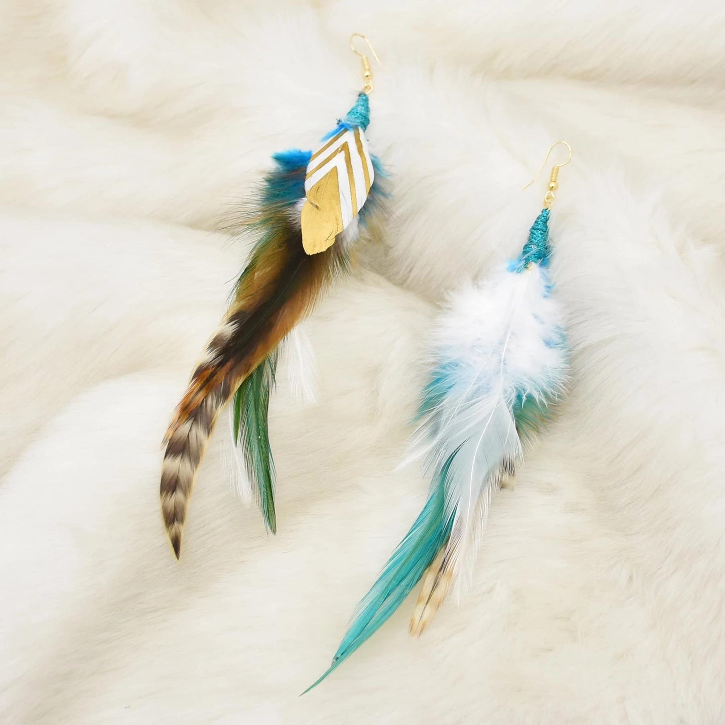 Punk Vintage Long Tassel Feather Beads Drop Wolf Tooth Pendant Earring Fish Hook Earrings Brown A