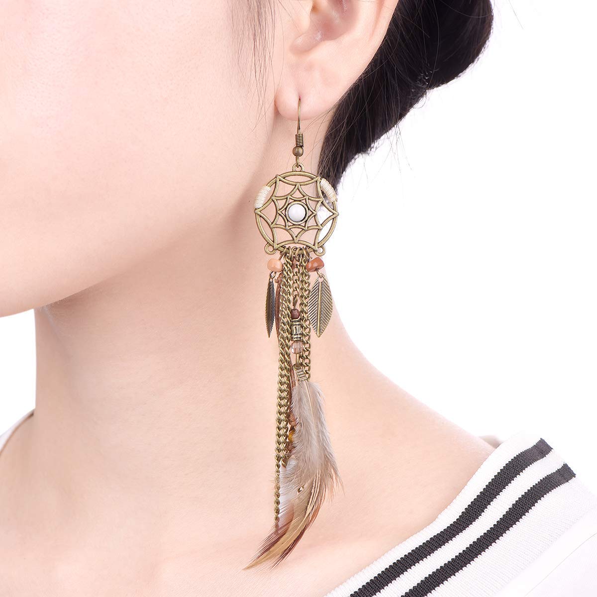 Punk Vintage Long Tassel Feather Beads Drop Wolf Tooth Pendant Earring Fish Hook Earrings Brown A