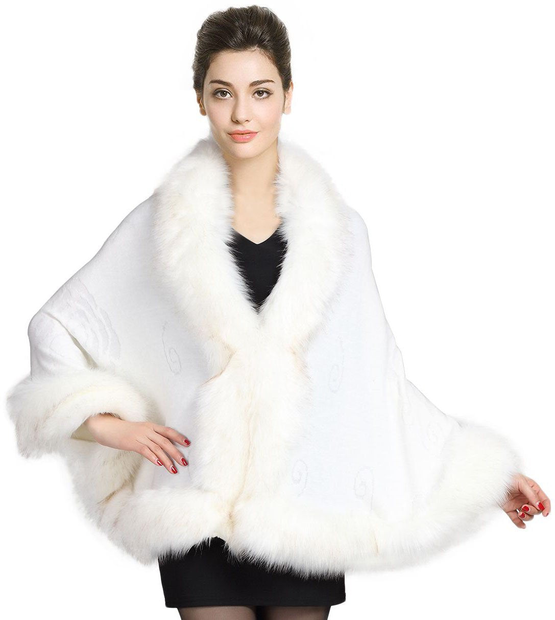 Faux Fur Shawl Wrap Stole Capelet Bridal Winter Wedding with Hook Hooded-black