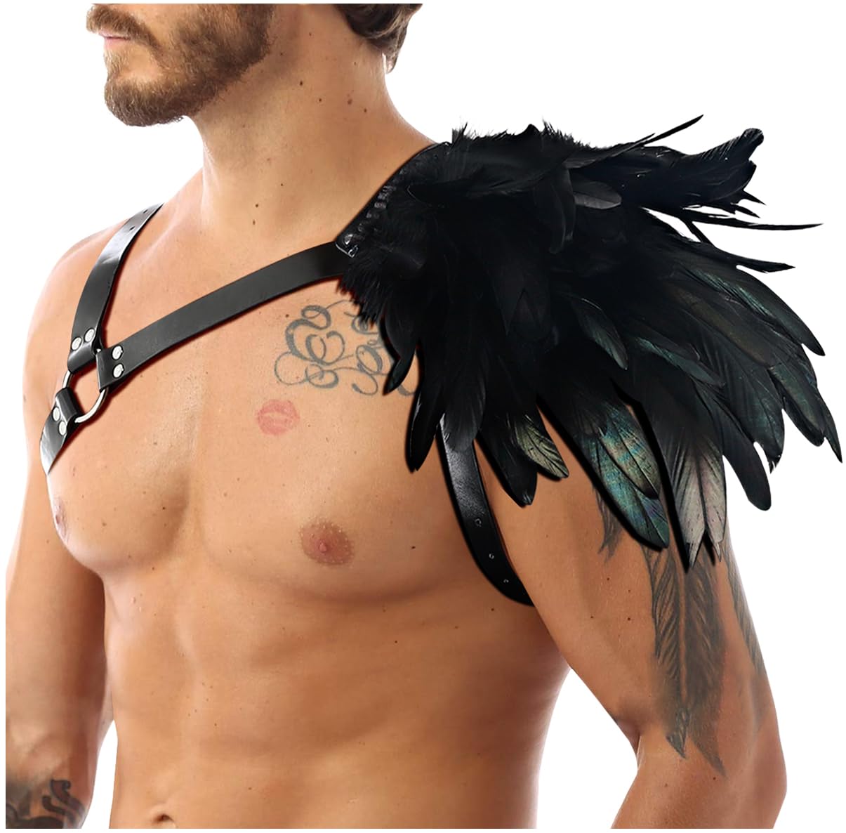 L'VOW Gothic Feather Harness Costume for Men Adjustable Faux PU Leather Shoulder Armor Medieval Guards for Halloween Cosplay Black