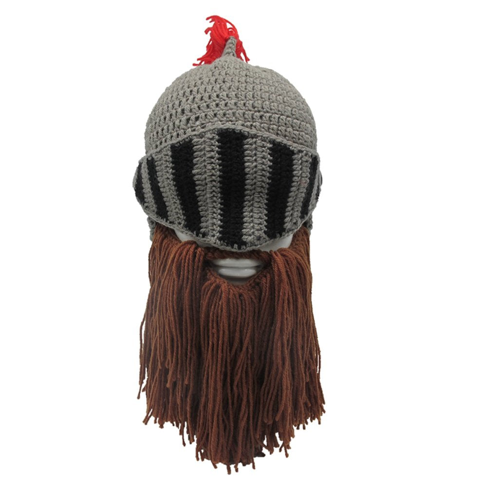 YEKEYI Viking Beard Beanie Horn Hat Winter Warm Mask Knitted Wool Funny Skull Cap One Size Horn Brown