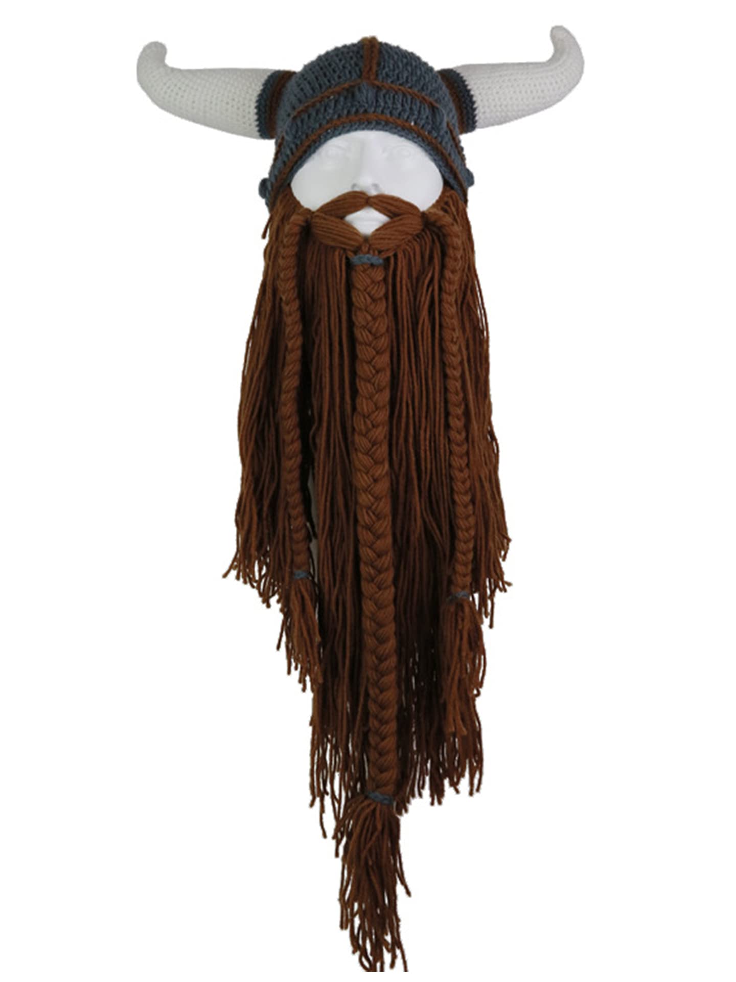 MerryJuly Men's Head Barbarian Vagabond Beanie Original Foldaway Beard Hats Viking Horns Bearded Caps One Size Viking Horns&brown Beard