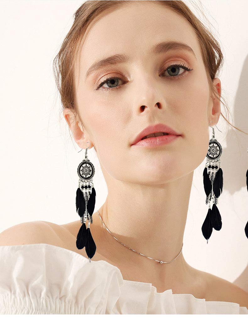 Punk Vintage Long Tassel Feather Beads Drop Wolf Tooth Pendant Earring Fish Hook Earrings Brown A