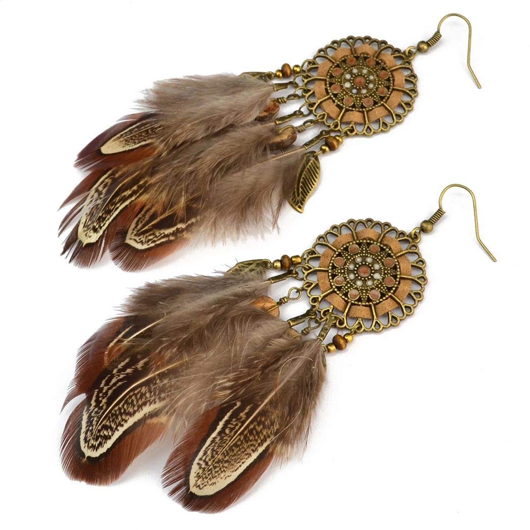 Punk Vintage Long Tassel Feather Beads Drop Wolf Tooth Pendant Earring Fish Hook Earrings Brown A