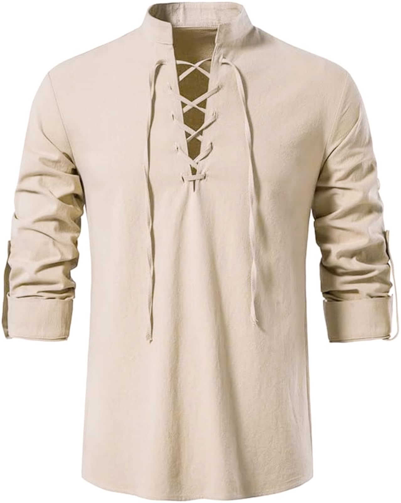 Men's Long Sleeve Shirts Retro Style Lace up for Medieval,Viking,Hippie Halloween Cosplay Pirate Renaissance Costume Small Khaki