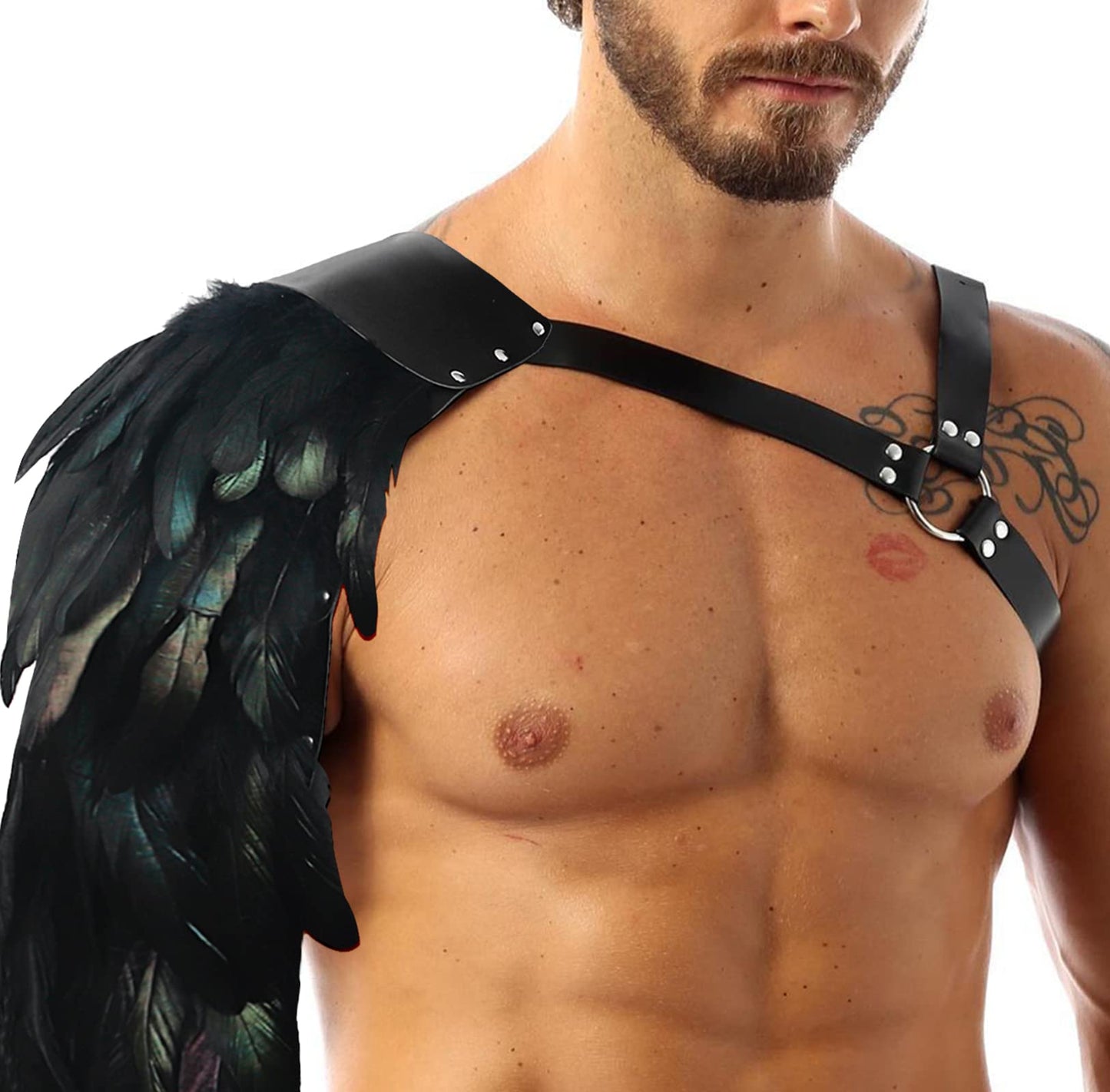 L'VOW Gothic Feather Harness Costume for Men Adjustable Faux PU Leather Shoulder Armor Medieval Guards for Halloween Cosplay Black