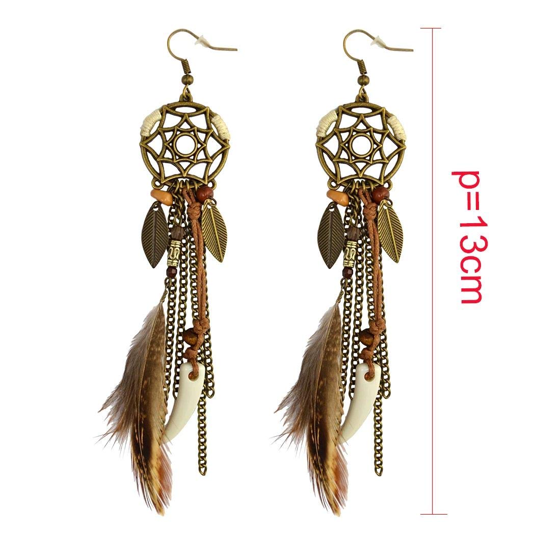 Punk Vintage Long Tassel Feather Beads Drop Wolf Tooth Pendant Earring Fish Hook Earrings Brown A