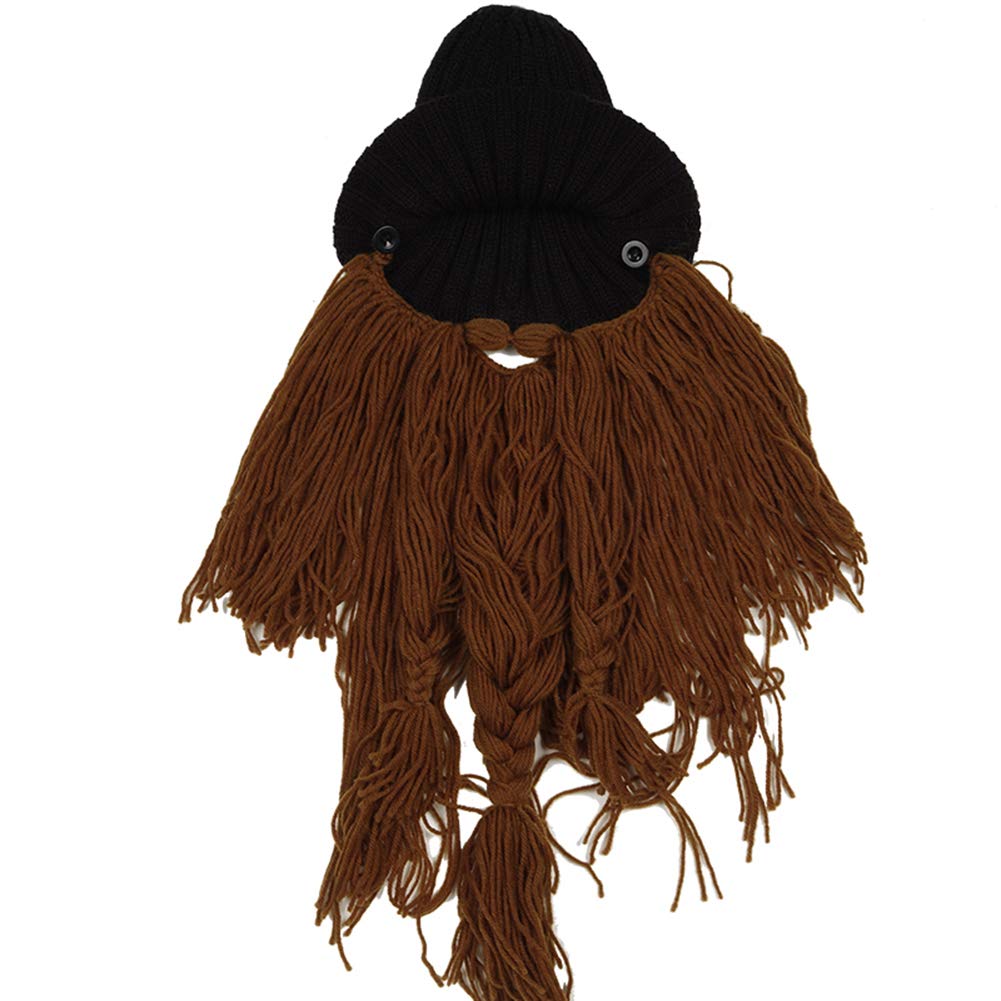 MerryJuly Men's Head Barbarian Vagabond Beanie Original Foldaway Beard Hats Viking Horns Bearded Caps One Size Viking Horns&brown Beard