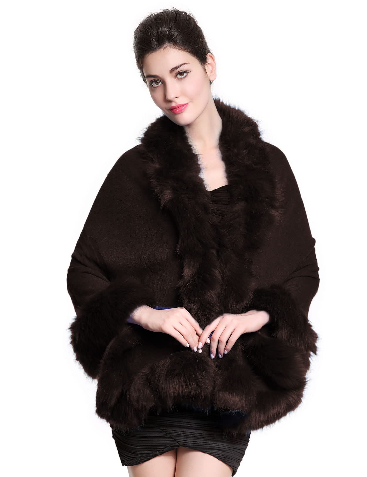 Faux Fur Shawl Wrap Stole Capelet Bridal Winter Wedding with Hook Hooded-black