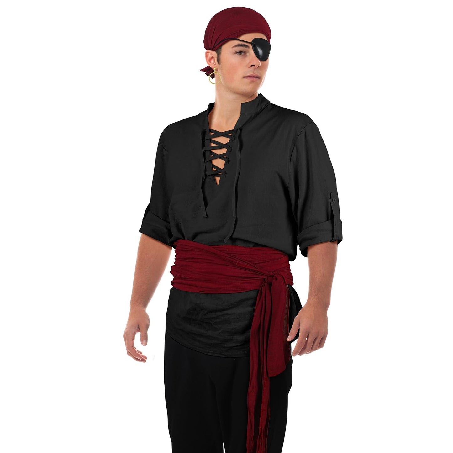 Leumoi 6 Pcs Men's Pirate Costume Men's Renaissance Medieval Viking Shirt Banded Pants Bandana Sash Belt Eye Patch Earrings Small Apricot, Black, Wine Red