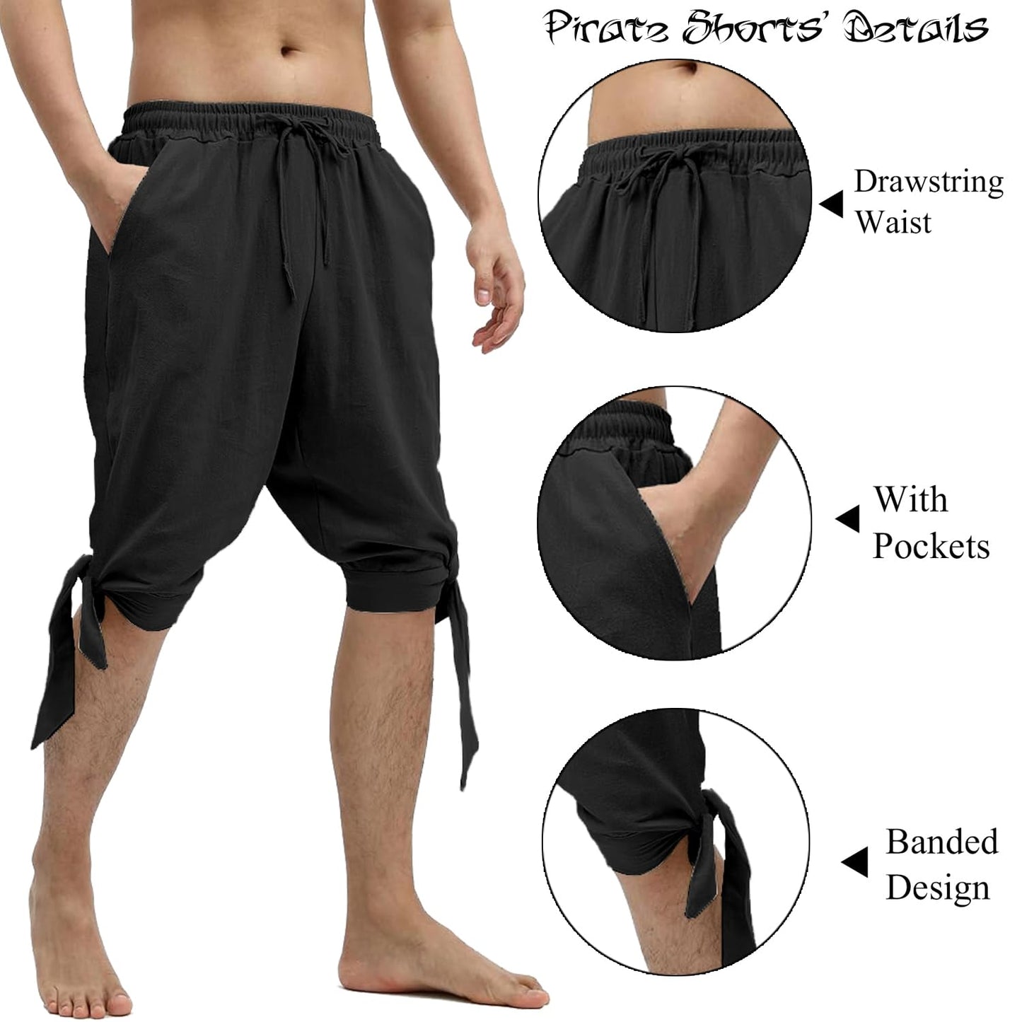 Men's Ankle Banded Pants Medieval Viking Navigator Pirate Costume Trousers Renaissance Gothic Pants Large Black-short