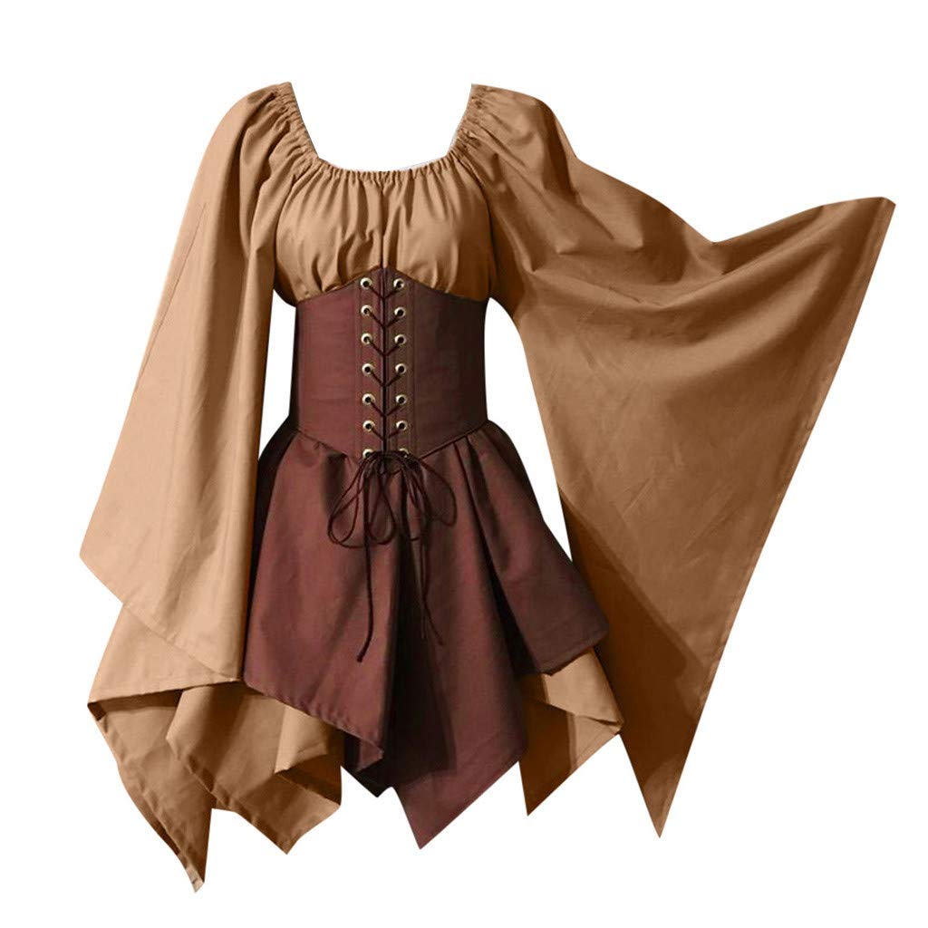 Khaki Women's Medieval Victorian Ball Gown Dress with Puff Sleeves