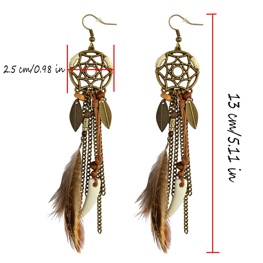 Punk Vintage Long Tassel Feather Beads Drop Wolf Tooth Pendant Earring Fish Hook Earrings Brown A