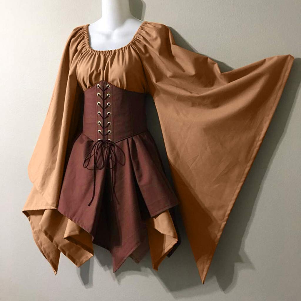 Khaki Women's Medieval Victorian Ball Gown Dress with Puff Sleeves