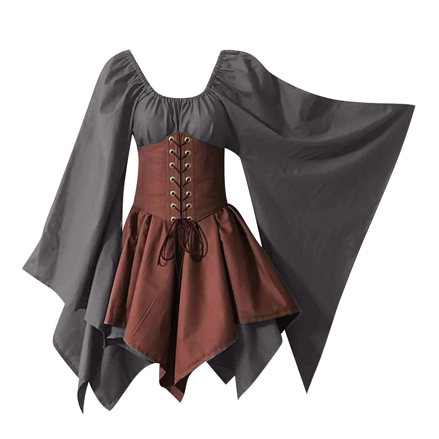 Khaki Women's Medieval Victorian Ball Gown Dress with Puff Sleeves