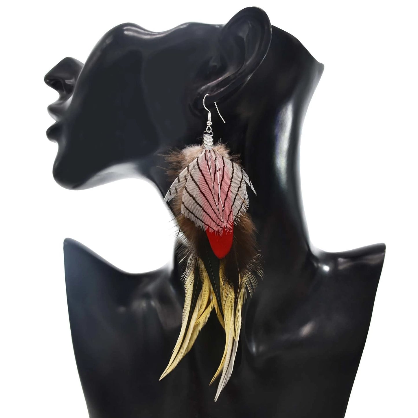 Punk Vintage Long Tassel Feather Beads Drop Wolf Tooth Pendant Earring Fish Hook Earrings Brown A