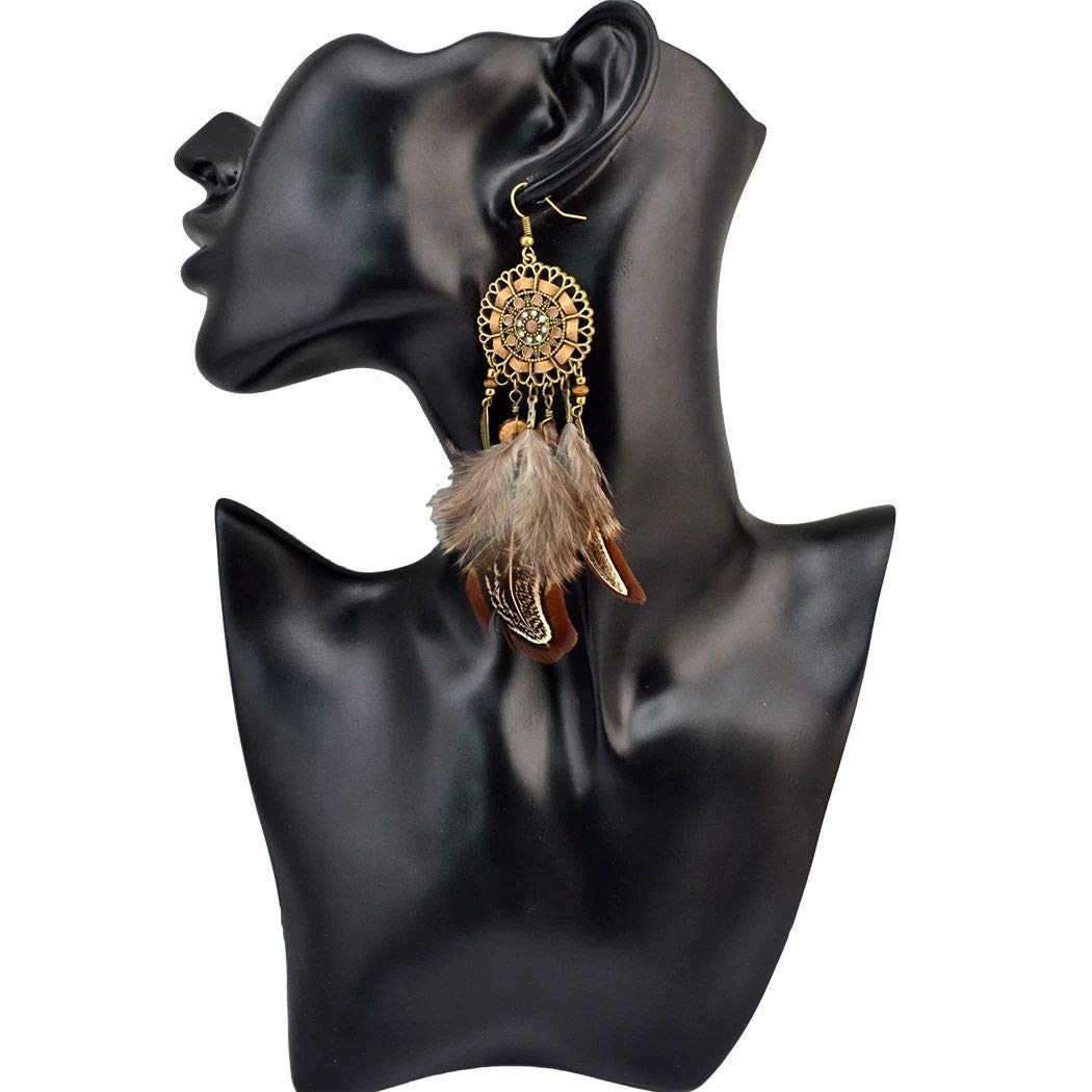 Punk Vintage Long Tassel Feather Beads Drop Wolf Tooth Pendant Earring Fish Hook Earrings Brown A