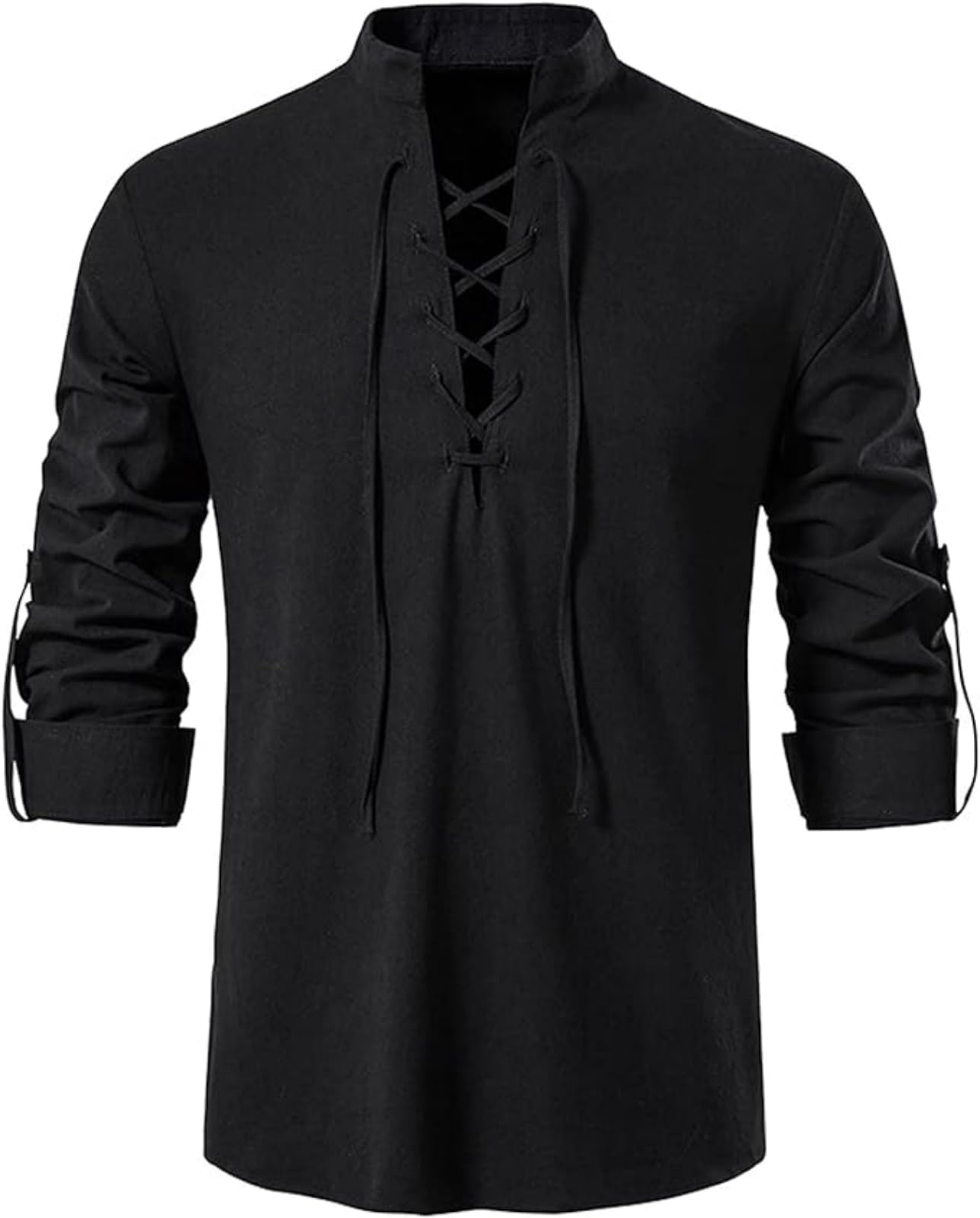 Men's Long Sleeve Shirts Retro Style Lace up for Medieval,Viking,Hippie Halloween Cosplay Pirate Renaissance Costume Small Khaki