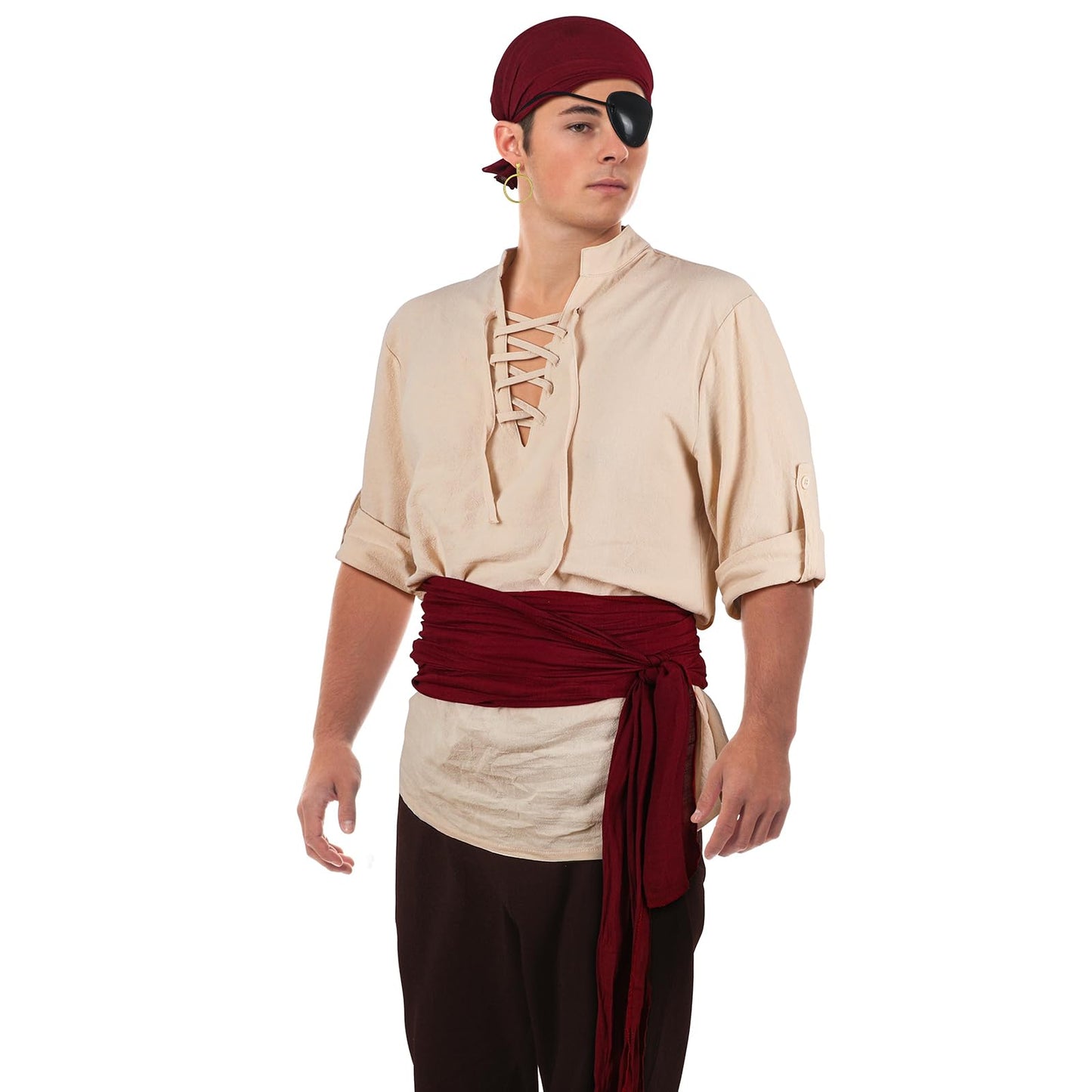 Leumoi 6 Pcs Men's Pirate Costume Men's Renaissance Medieval Viking Shirt Banded Pants Bandana Sash Belt Eye Patch Earrings Small Apricot, Black, Wine Red