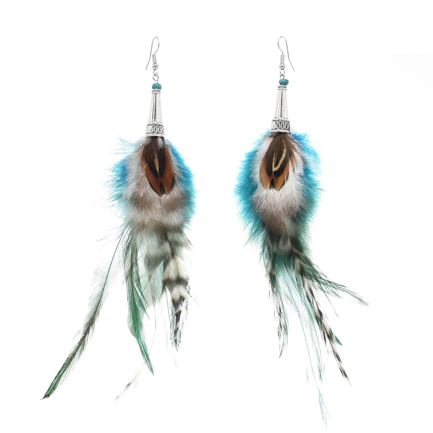 Punk Vintage Long Tassel Feather Beads Drop Wolf Tooth Pendant Earring Fish Hook Earrings Brown A