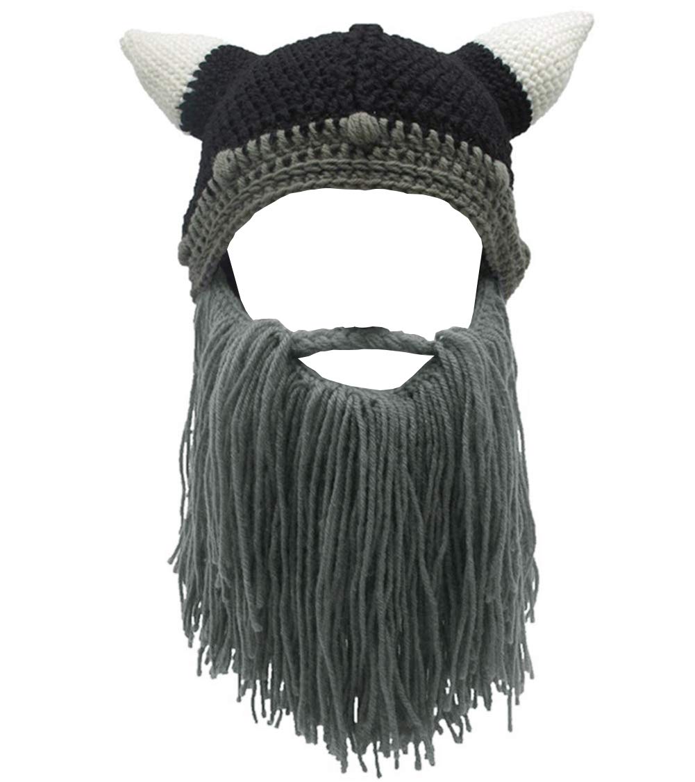 MerryJuly Men's Head Barbarian Vagabond Beanie Original Foldaway Beard Hats Viking Horns Bearded Caps One Size Viking Horns&brown Beard