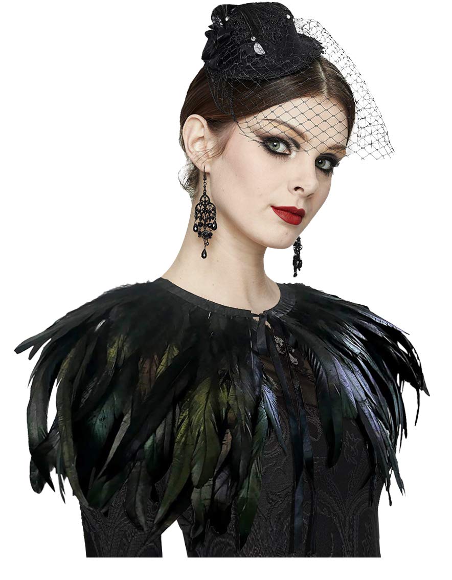 L'VOW Women' Natural Feather Shrug Cape Shawls Lace Collares for Halloween Cosplay Y1-black