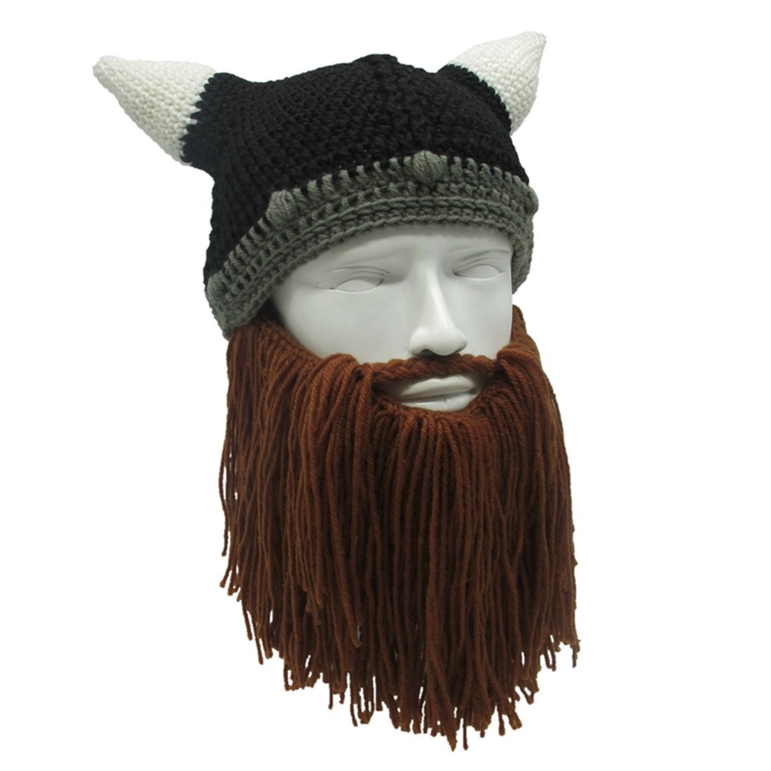 MerryJuly Men's Head Barbarian Vagabond Beanie Original Foldaway Beard Hats Viking Horns Bearded Caps One Size Viking Horns&brown Beard