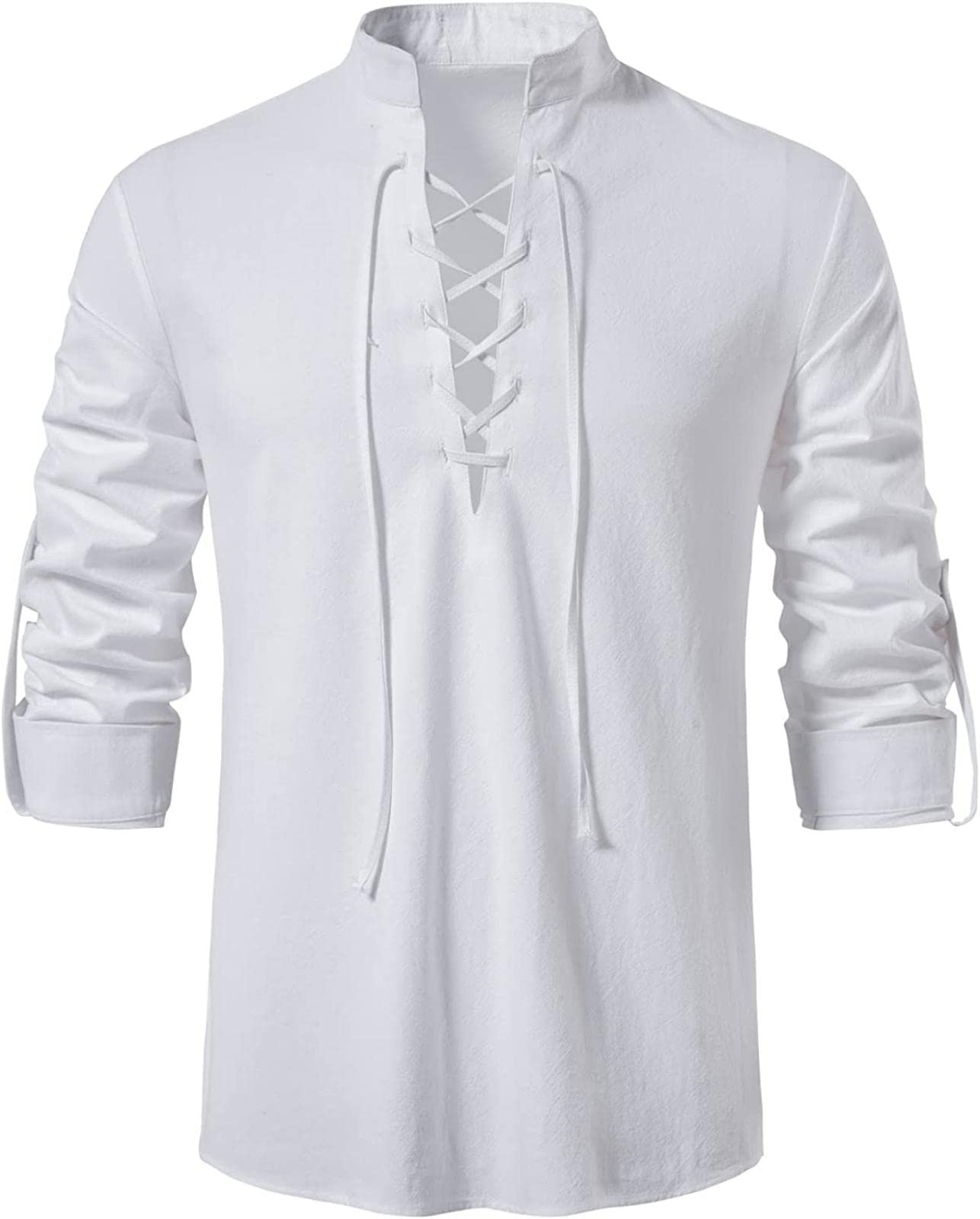 Men's Long Sleeve Shirts Retro Style Lace up for Medieval,Viking,Hippie Halloween Cosplay Pirate Renaissance Costume Large White