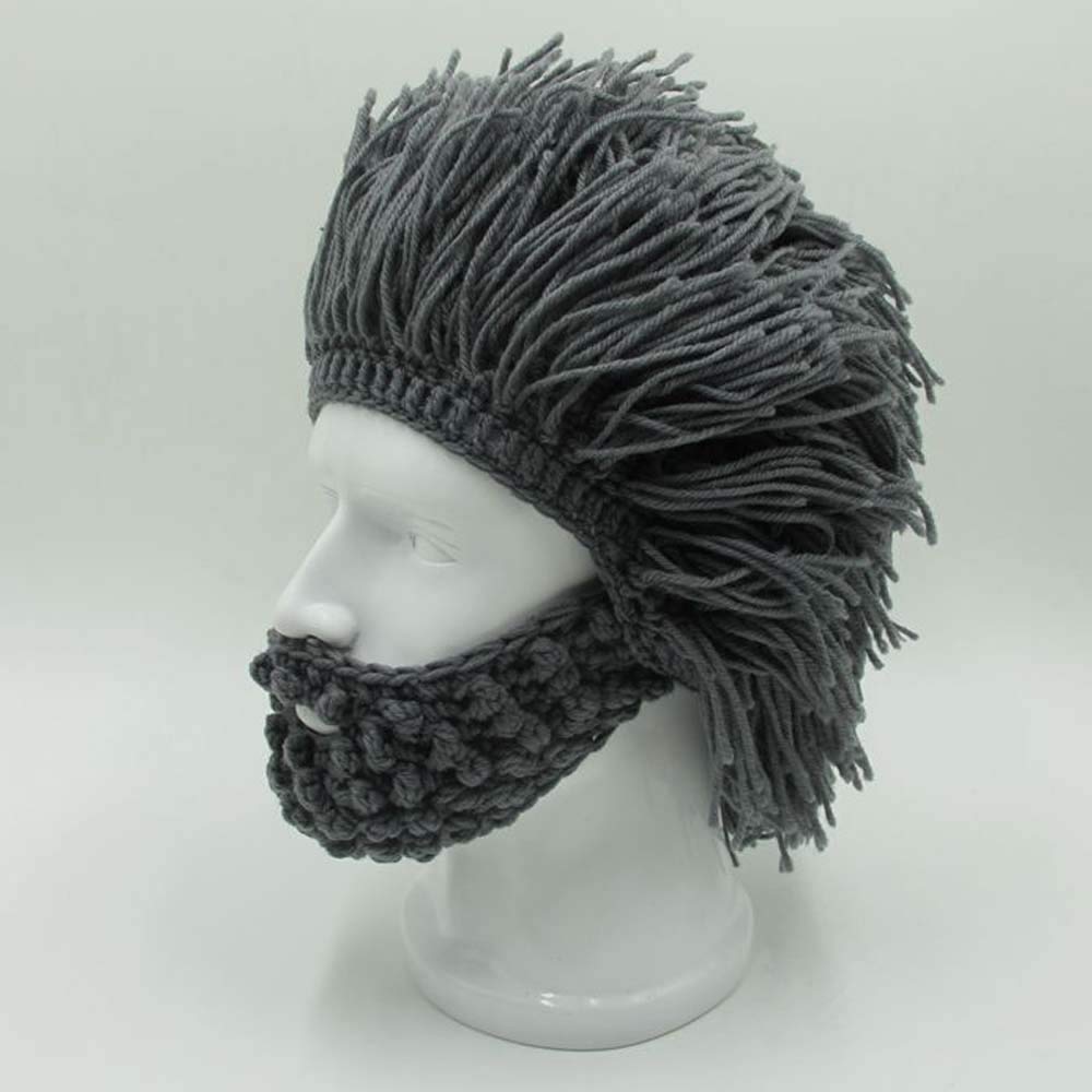 YEKEYI Viking Beard Beanie Horn Hat Winter Warm Mask Knitted Wool Funny Skull Cap One Size Horn Brown