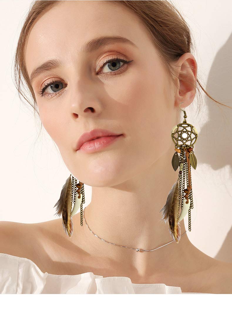 Punk Vintage Long Tassel Feather Beads Drop Wolf Tooth Pendant Earring Fish Hook Earrings Brown A