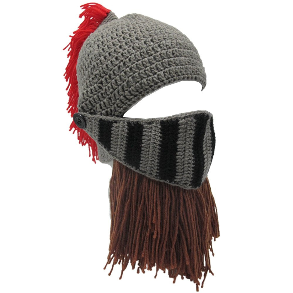 YEKEYI Viking Beard Beanie Horn Hat Winter Warm Mask Knitted Wool Funny Skull Cap One Size Horn Brown