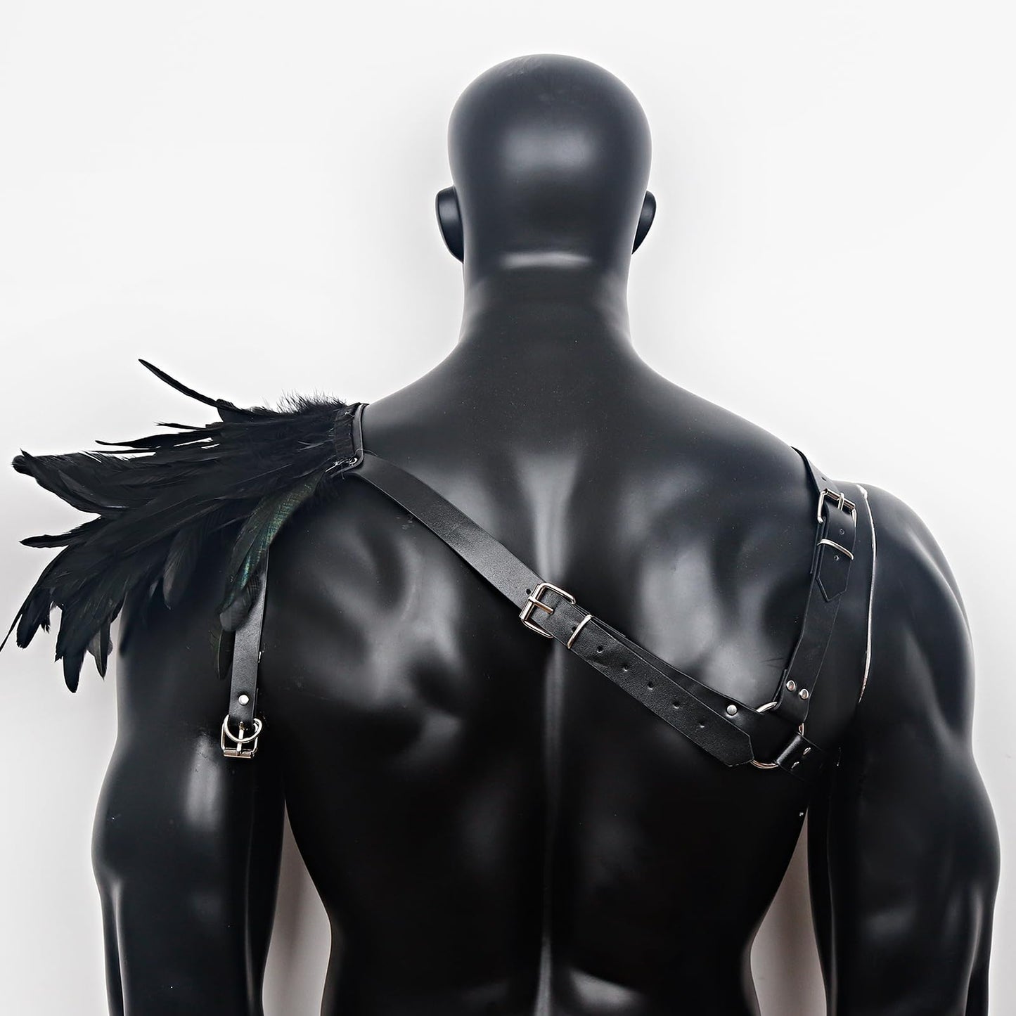 L'VOW Gothic Feather Harness Costume for Men Adjustable Faux PU Leather Shoulder Armor Medieval Guards for Halloween Cosplay Black