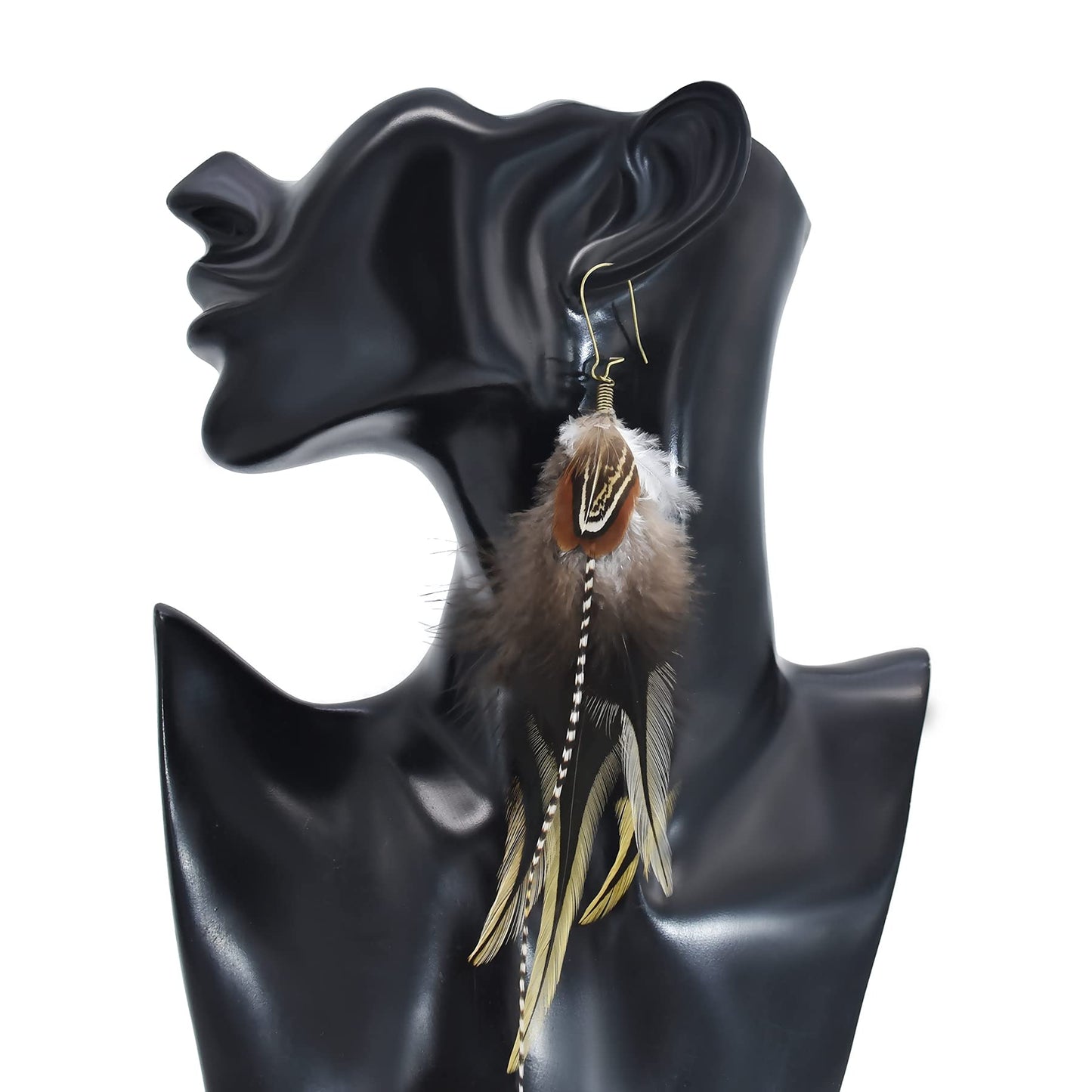 Punk Vintage Long Tassel Feather Beads Drop Wolf Tooth Pendant Earring Fish Hook Earrings Brown A