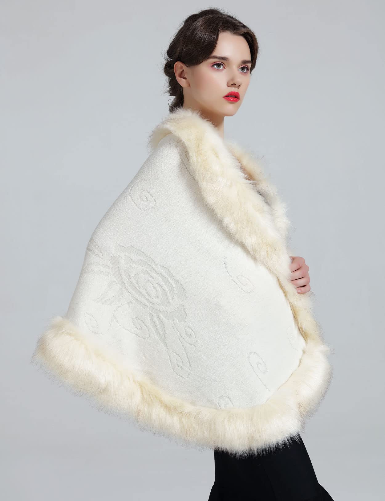 Faux Fur Shawl Wrap Stole Capelet Bridal Winter Wedding with Hook Hooded-black