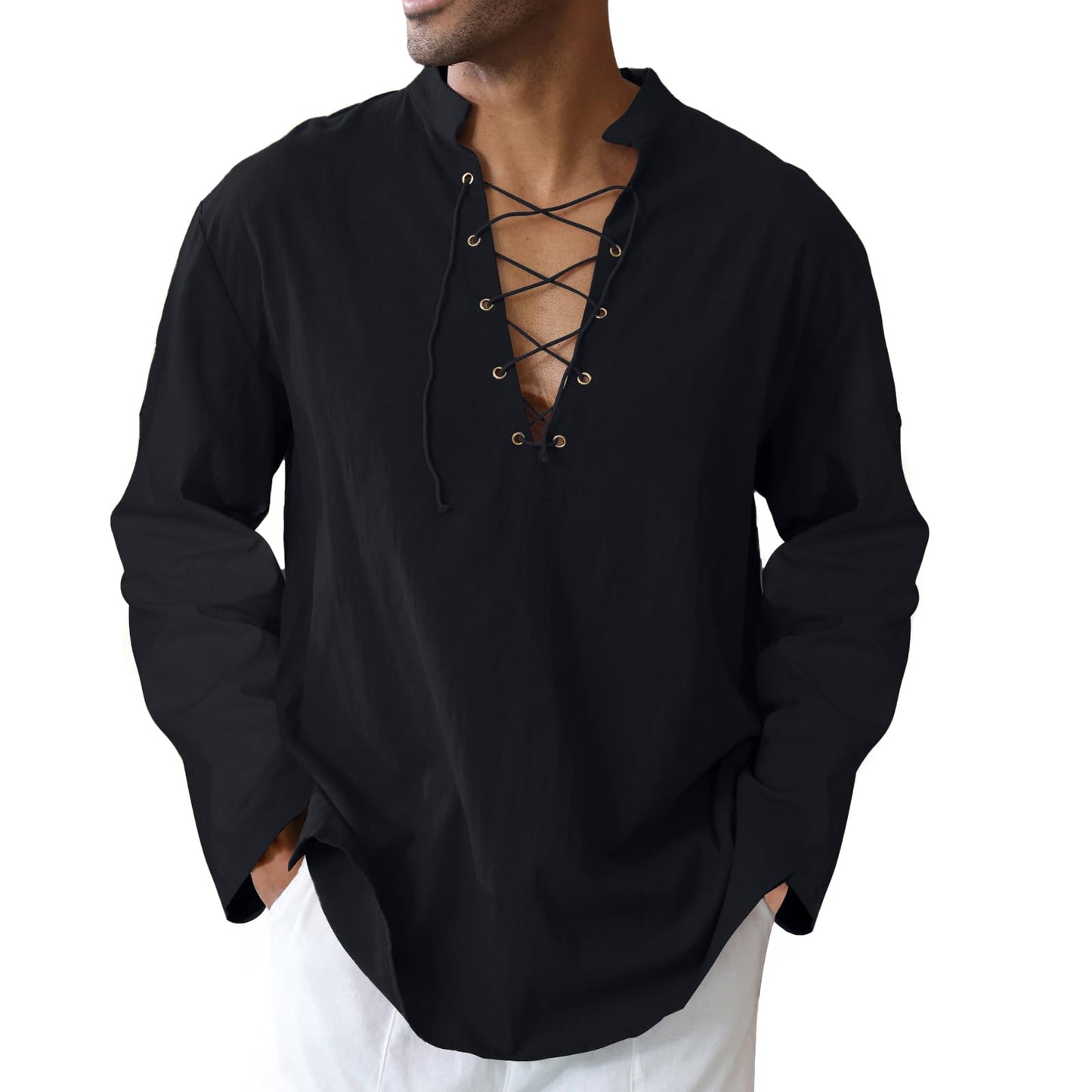 Men's Cotton Linen Shirt Drawstring Arm Banded Tops Medieval Viking Pirate Renaissance Halloween Costume 1X Black