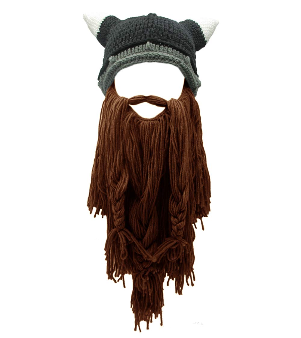 MerryJuly Men's Head Barbarian Vagabond Beanie Original Foldaway Beard Hats Viking Horns Bearded Caps One Size Viking Horns&brown Beard