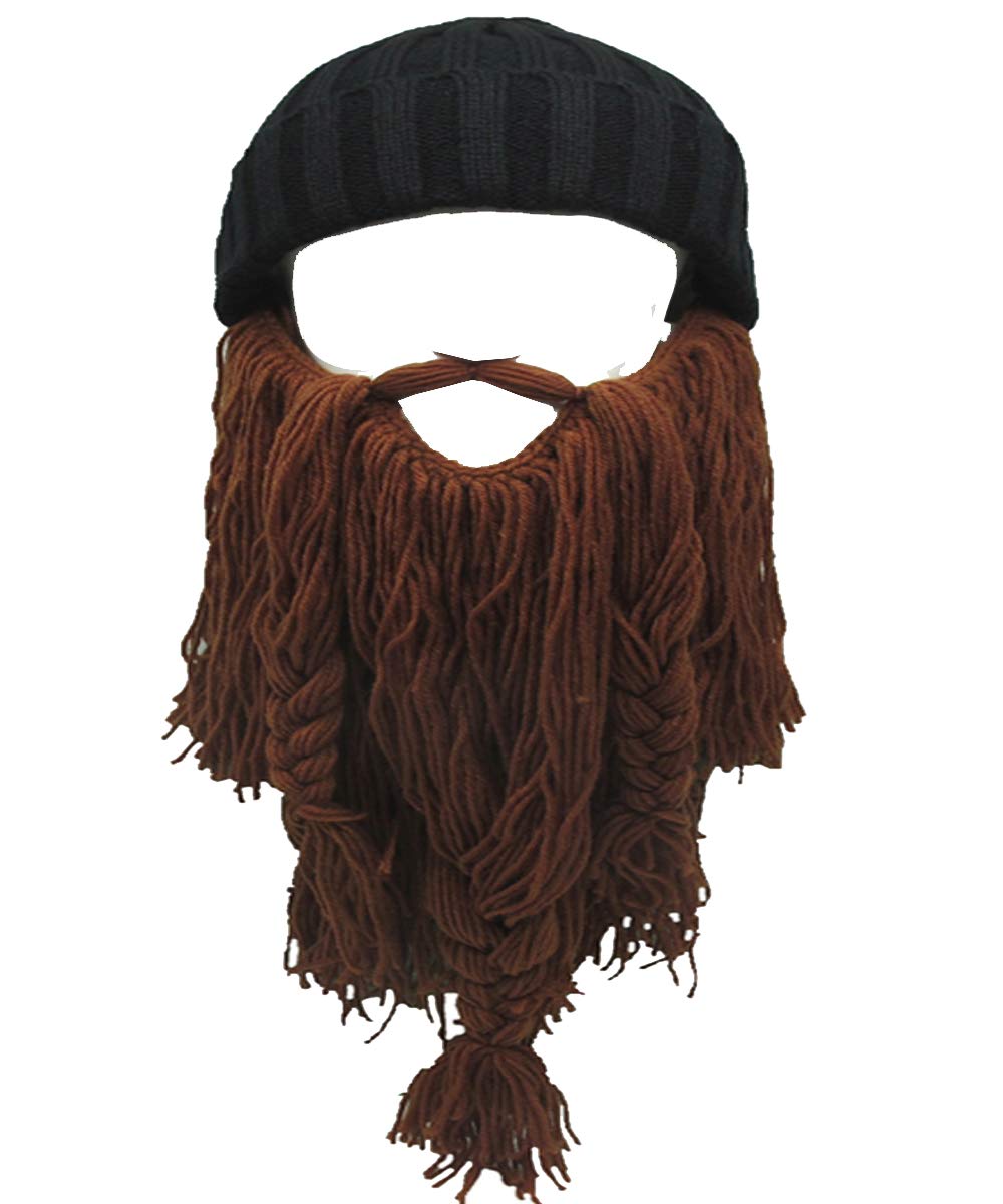 YEKEYI Viking Beard Beanie Horn Hat Winter Warm Mask Knitted Wool Funny Skull Cap One Size Horn Brown