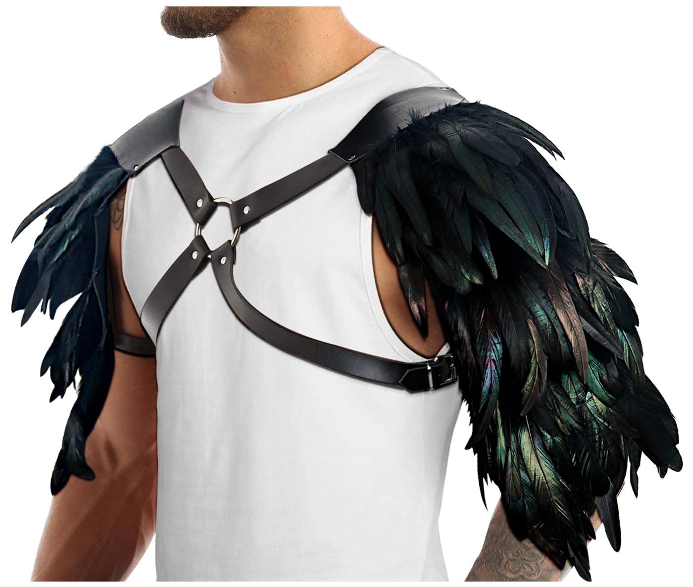 L'VOW Gothic Feather Harness Costume for Men Adjustable Faux PU Leather Shoulder Armor Medieval Guards for Halloween Cosplay Black