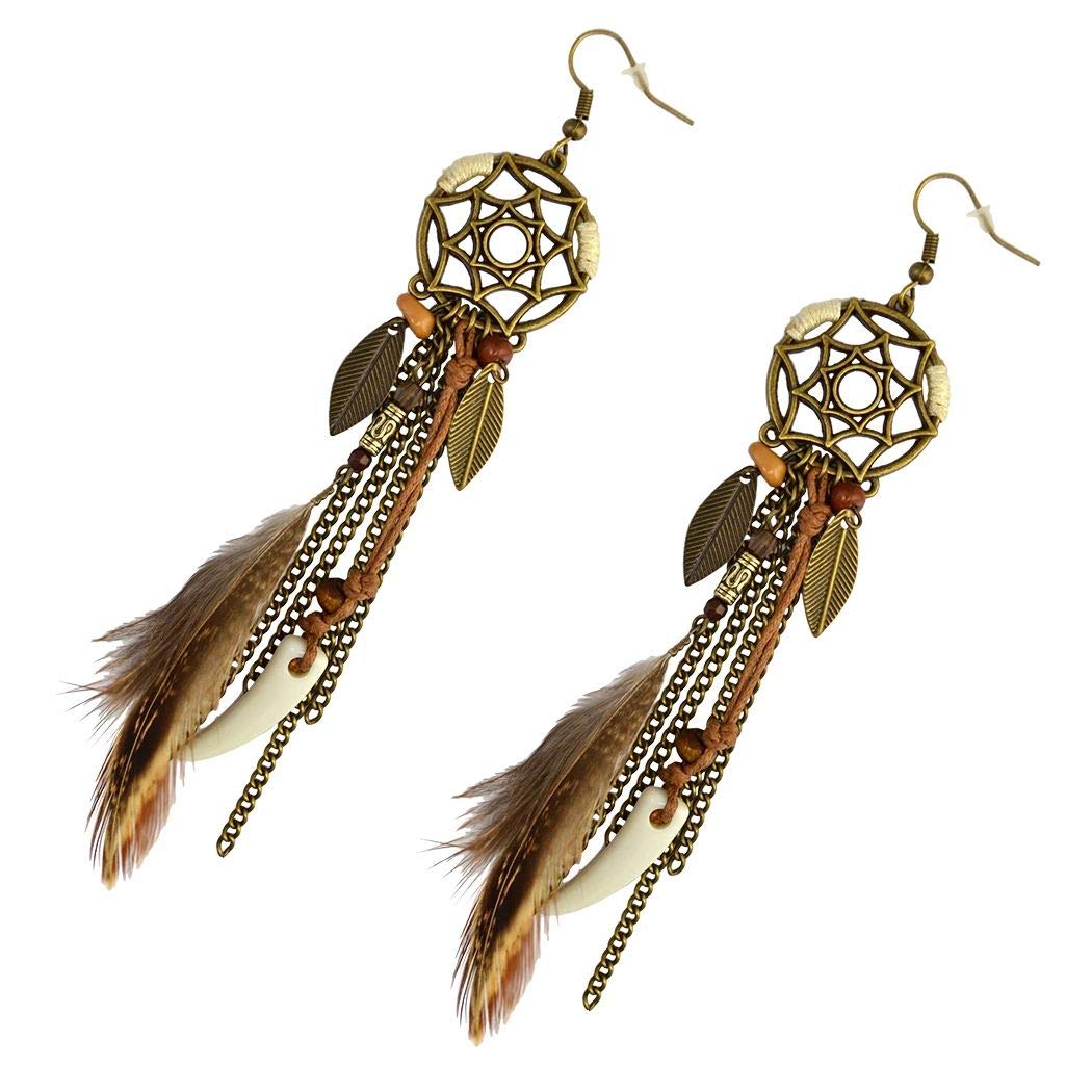 Punk Vintage Long Tassel Feather Beads Drop Wolf Tooth Pendant Earring Fish Hook Earrings Brown A