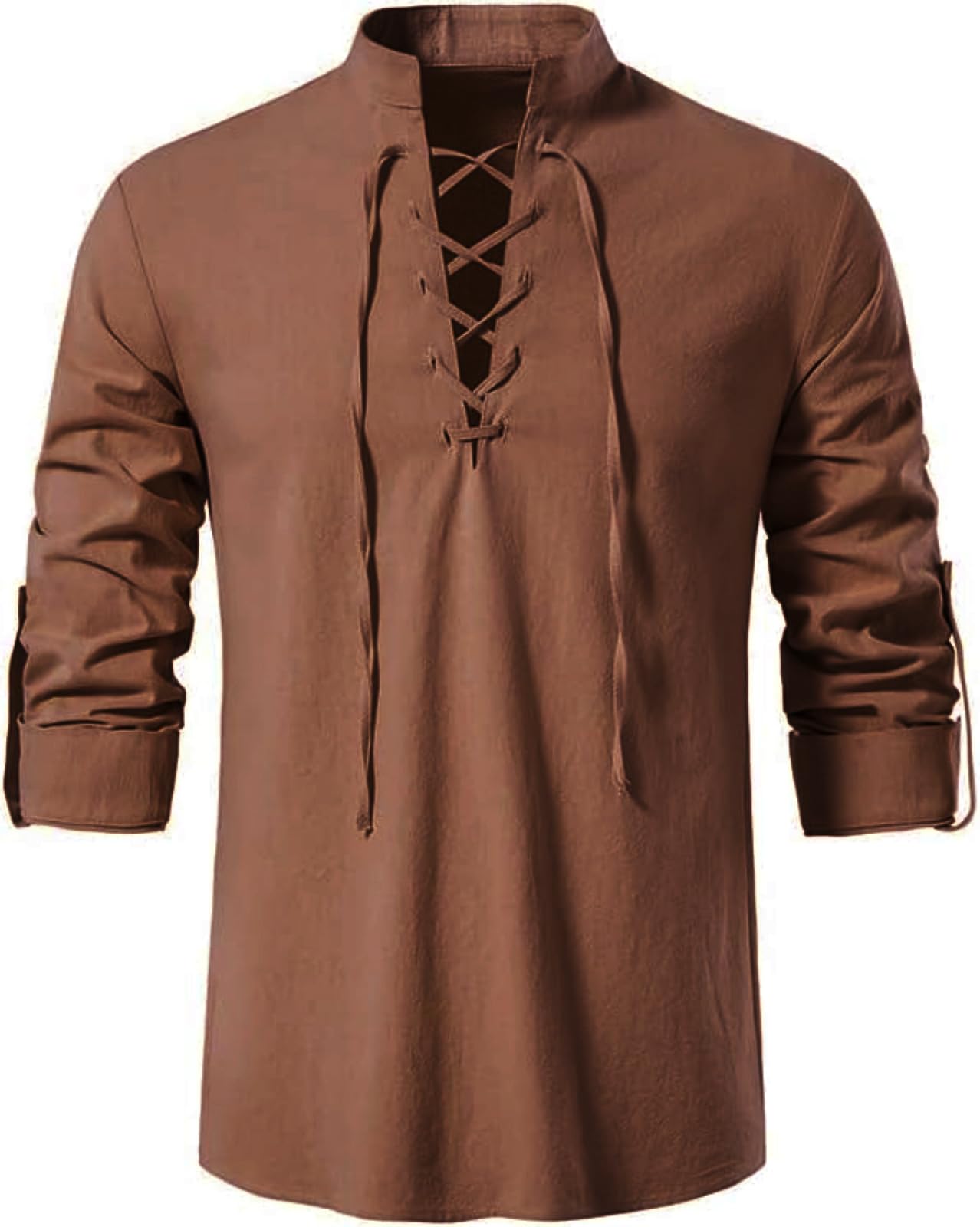 Men's Long Sleeve Shirts Retro Style Lace up for Medieval,Viking,Hippie Halloween Cosplay Pirate Renaissance Costume Small Khaki