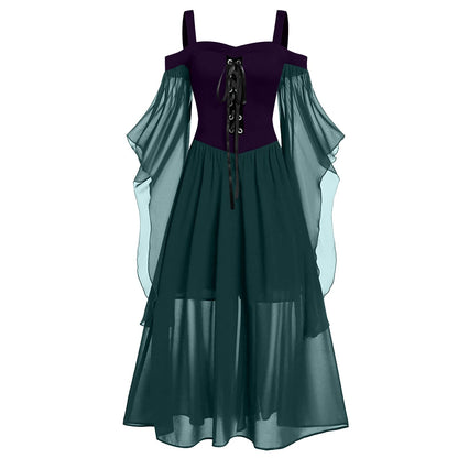 Renaissance Gothic Dress for Women Halloween Costume Off Shoulder Lace Trumpet Sleeve Dresses Medieval Steampunk Dress 03-dark Green Vintage Dress Small