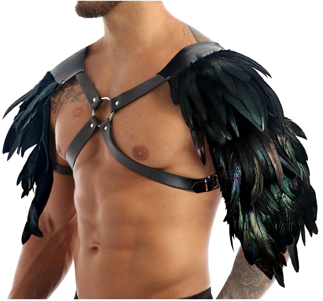 L'VOW Gothic Feather Harness Costume for Men Adjustable Faux PU Leather Shoulder Armor Medieval Guards for Halloween Cosplay Black