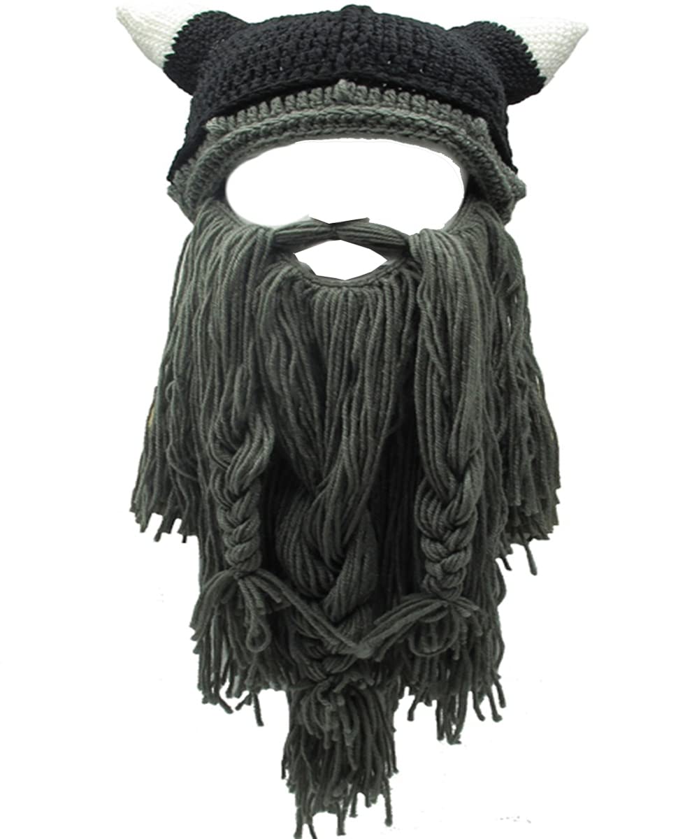 YEKEYI Viking Beard Beanie Horn Hat Winter Warm Mask Knitted Wool Funny Skull Cap One Size Horn Brown