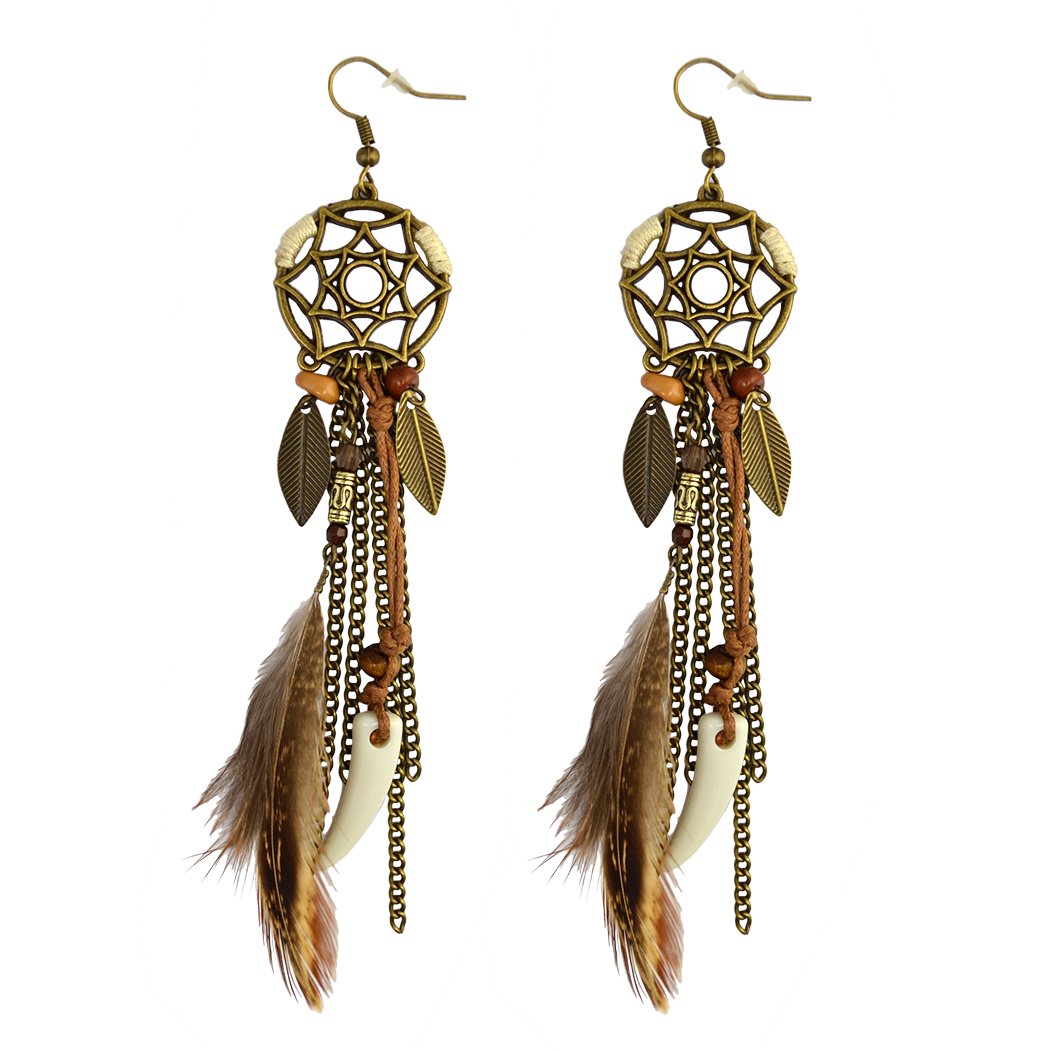 Punk Vintage Long Tassel Feather Beads Drop Wolf Tooth Pendant Earring Fish Hook Earrings Brown A