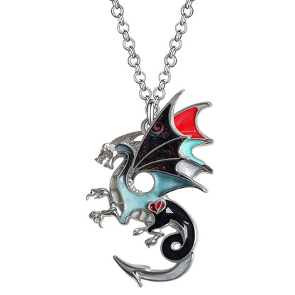 Enamel Alloy Dragon Pendant Necklace - Fantasy Dinosaur Charm Gift for Women - Blue